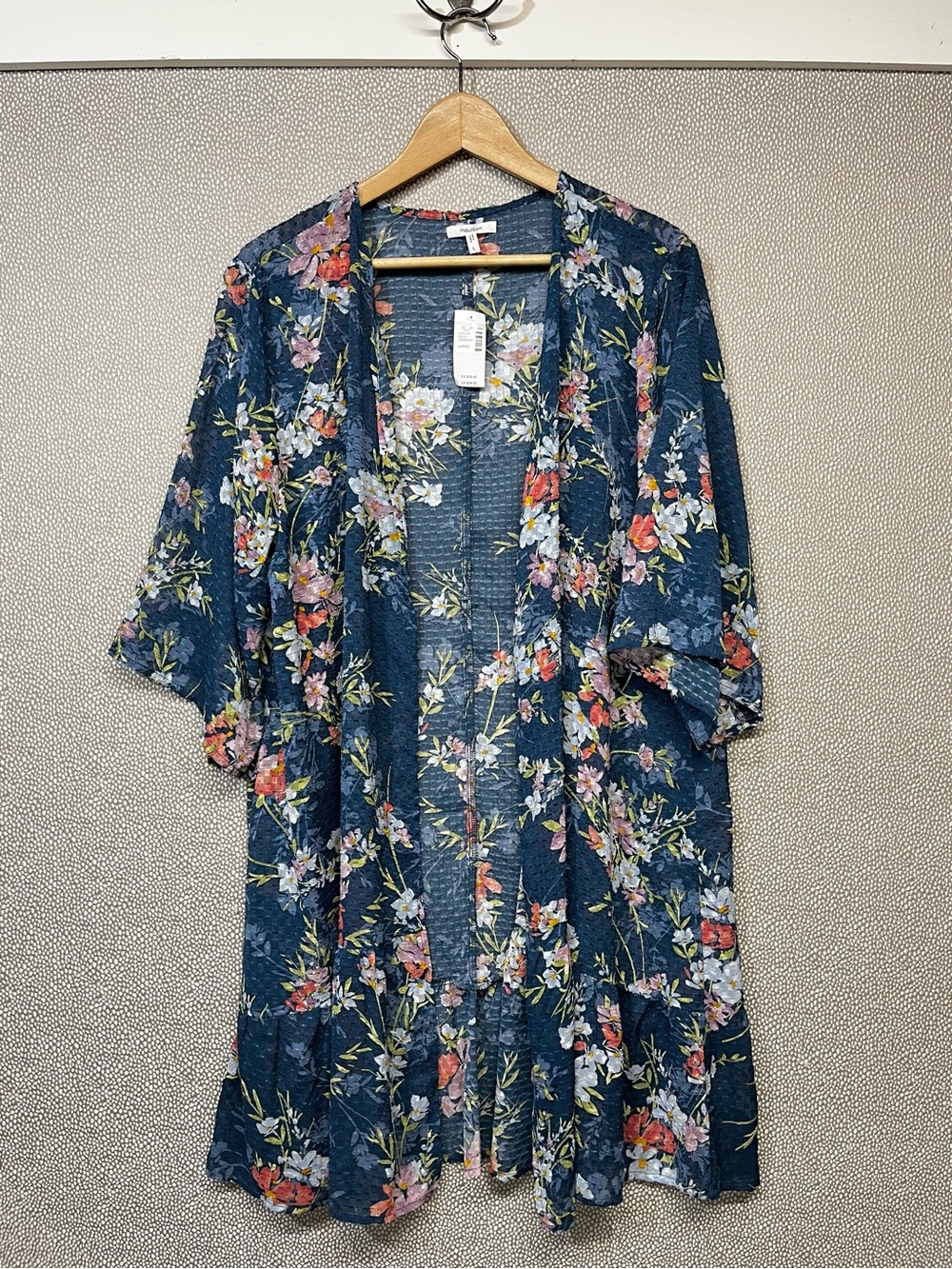 🆕 L Maurices Navy Floral Sheer Kimono Cover-Up Overlay Open Cardigan NWT